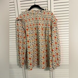 Orange Brown Smocked Blouse with Peter Pan Collar